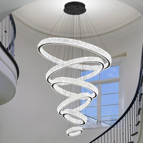Extra Large 6 Ring Crystal Chandelier Modern LED Long Crystal Chandelier for High Ceiling Height Adjustable Black D8+15.7"+23.6"+31.5"+39.4"+47.5" Dimmable 2700K-6000K - Image 2