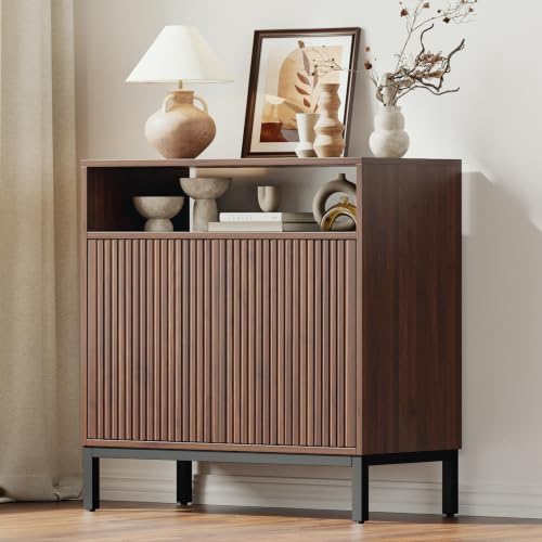 Mericonia 30 Inch Fluted Buffet Cabinet with Open Storage, Modern Sideboard with Doors & Adjustable Shelf, Accent Credenza Coffee Bar for Kitchen, Dining Room, Living Room, Entryway - Image 3
