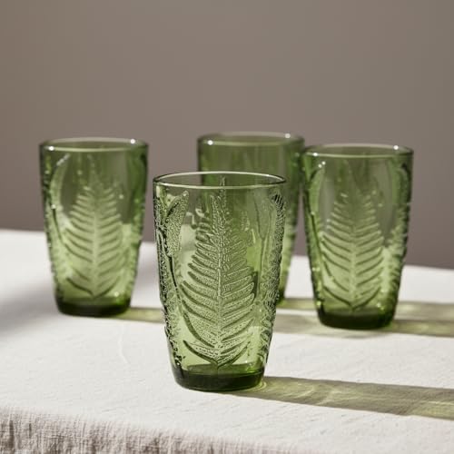 Green Drinking Glasses Set of 8, 12 oz Glass Cups, Vintage Fern Glassware - Image 2