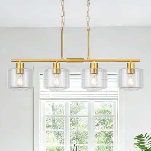 4-Light Brushed Gold Kitchen Island Lighting, Modern Linear Dining Room Chandelier Light Fixtures with Clear Glass and Chain, Mid Century Hanging Lights for Kitchen Island, OS-YQ8153-4ISBGC by Osimir