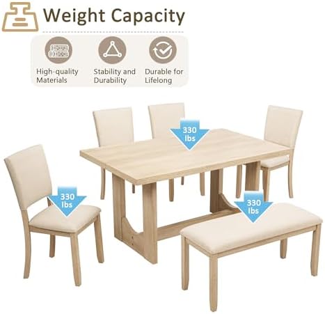 LUMISOL 6-Piece Dining Table Set with Bench, Rectangular Kitchen Table Set with U-Shaped Base, 4 Upholstered Chairs and Bench for Kitchen, Dining Room, Light Oak & Beige - Image 7