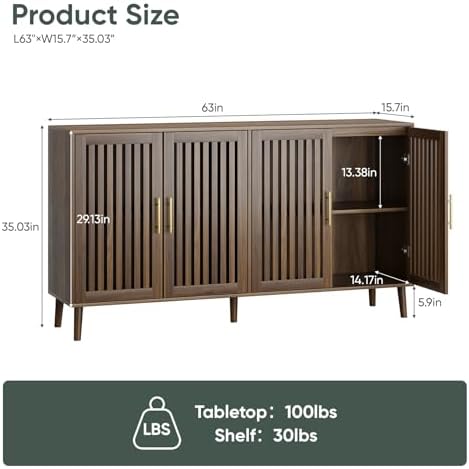 Smart FENDEE 63" Long Sideboard Buffet with 4 Slatted Doors, Farmhouse Buffet Storage Cabinet with Adjustable Shelf, Coffee Bar Cabinet for Entryway, Kitchen, Dining Room, Living Room, Walnut Color - Image 2