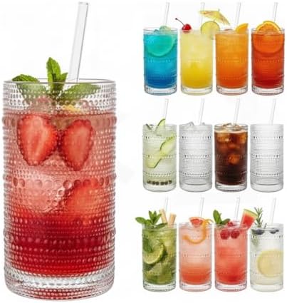 12-Piece Hobnail Drinking Glasses Set, 12 oz Large Vintage Highball Glassware with Straws, Heavy Textured Beaded Tall Tumblers for Water, Juice, Soda & Cocktails, Clear Retro Barware, Dishwasher Safe by Khen