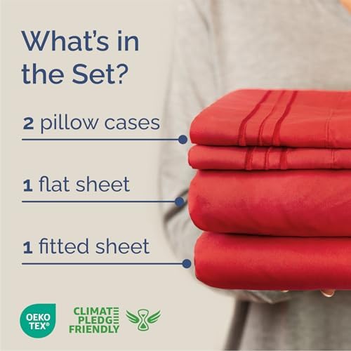 Queen Size 4 Piece Sheet Set - Comfy Breathable & Cooling Sheets - Red - Image 2