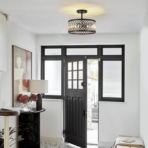 CNRATYE 12.6" Crystal Semi Flush Mount Ceiling Light Fixture, 3-Light Antique Black Hallway Light Fixtures, Round Chandelier for Bathroom Entryway Closet Bedroom Kitchen Dining Room - Image 3