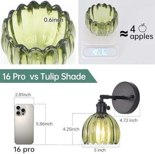 Shenmoyl Vintage Battery Operated Wall Sconce with Green Tulip Glass Lampshade Rechargeable Battery Powered Black Wall Light with Remote Control for Bedside Bedroom Doorway - Image 4