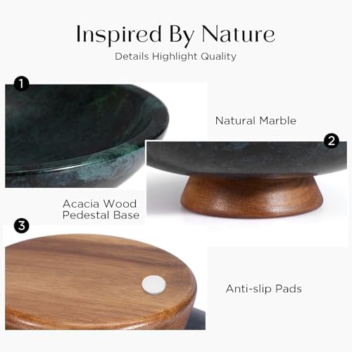 SAMAH Green Marble Fruit Bowl with Acacia Wood Pedestal, Large Decorative Marble Bowl, Natural Stone Fruit Bowl for Kitchen Counter, Entryway, Keys, Dining Table, House Warming Gifts New Home(11Inch) - Image 3