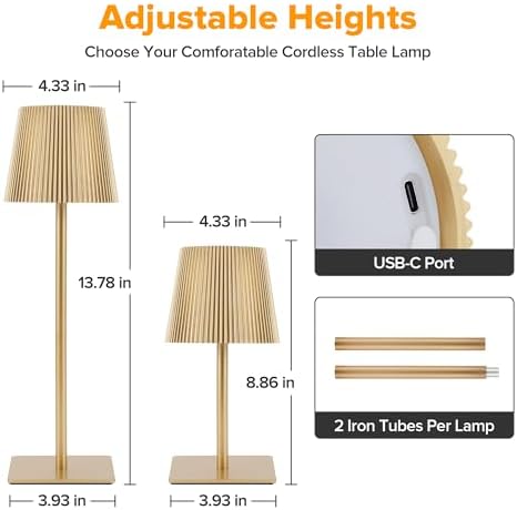 LUTEC 4 Pack Cordless Table Lamp,6000mAh Rechargeable Battery Operated Desk Lamp,Two Adjustable Heights,Waterproof, Touch Control & 3 Color Stepless Dimming for Restaurant/Bedroom/Bars/Outdoor (Gold) - Image 4