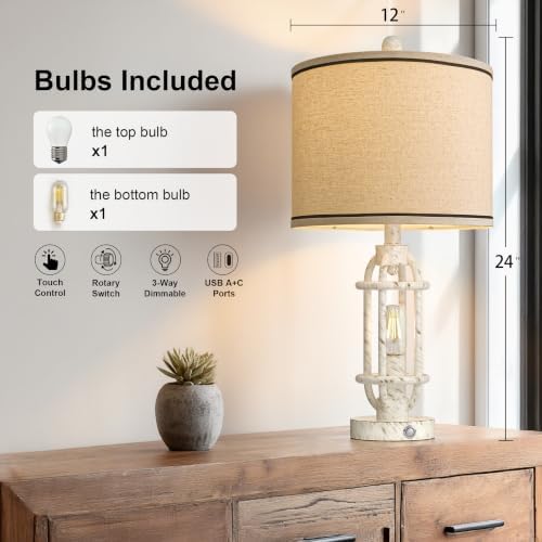 G-SAFAVA 23.75'' Table Lamps Set of 2 for Living Room Bedroom Industrial Farmhouse Metal Touch Lamps with USB A+C Ports, Night Light Vintage Nightstand Bedside Lamp, Bulbs Included, White - Image 4