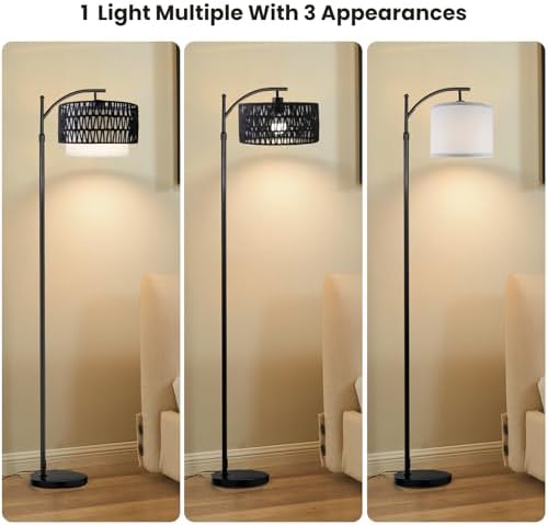 Yusist Arc Floor Lamp for Living Room,Farmhouse Floor Lamps with Remote Control & Dimmable Bulb,Black Rattan Boho Tall Standing Lamp for Bedroom Office - Image 3