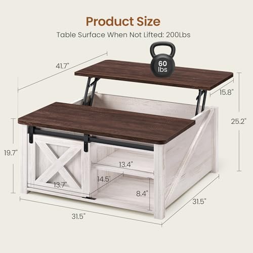 SEDETA 31.5" Lift Top Coffee Table with Storage, Square Coffee Tables for Living Room, Farmhouse Coffee Table with Large Hidden Storage Compartment and Adjustable Shelves, Vintage White - Image 2