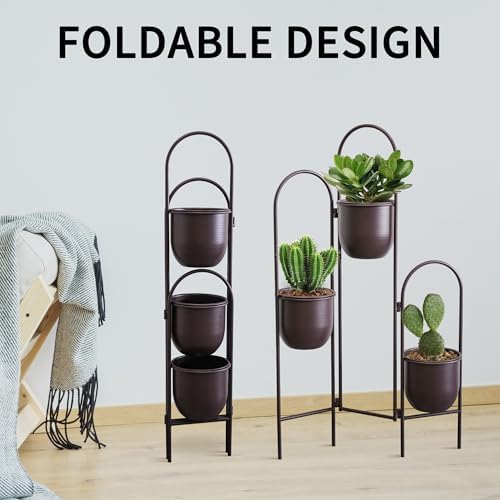 TRIROCKS 3 Tier Plant Stand with 3 Removable Metal Pots Indoor Outdoor Corner Plant Rack, 35" H Space Saving Flower Pot Holder for Living Room, Balcony, Patio & Garden(Brown) - Image 5