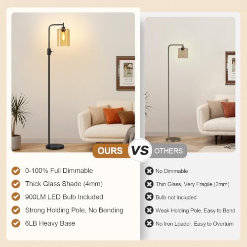 【Upgraded】 Dimmable Floor Lamp for Living Room with Amber Glass Lampshade, Black Modern Glass Floor Lamp with 900LM LED Bulb Included, Arc Standing Tall Lamp for Bedroom, Office, Reading Room, Corner - Image 2