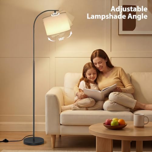 SIBRILLE Floor Lamp with Linen Shade, Arc Dimmable Tall Standing Lamp with Remote Control, Modern Floor Reading Light for Living Room Bedroom Office Corner, 9W LED Bulb Included - Image 4