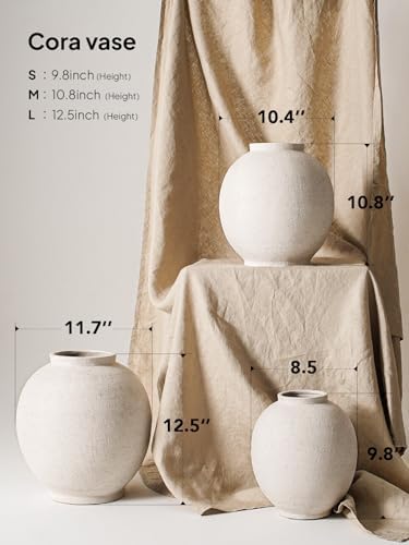White Ceramic Vase - Large 10.8 Inch Round Floor Vase for Centerpieces, Farmhouse Flower Vases, Rustic Minimalist Home Decor (Sandstone White) - Image 2