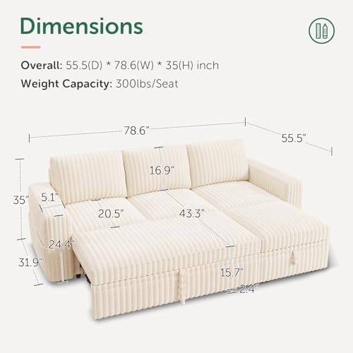 HONBAY Modular Sectional Sofa with Pull Out Bed,Corduroy L Shaped Sleeper Sofa with Storage, Sectional Couches for Living Room,Beige - Image 2
