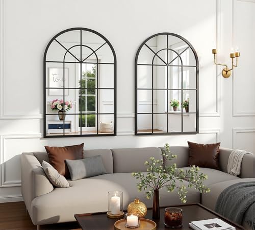 Dewfig Arched Wall Mirror, 42"x30" Metal Frame Windowpane Mirror, Black - Image 4