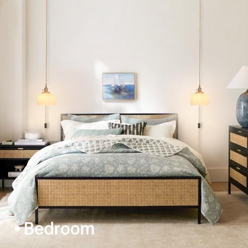 Shenmoyl Plug in Pendant Light Hanging Light Fixtures with Plugin Cord On/Off Switch,White Striped Glass Lampshade Brass Pendant Light - Image 4