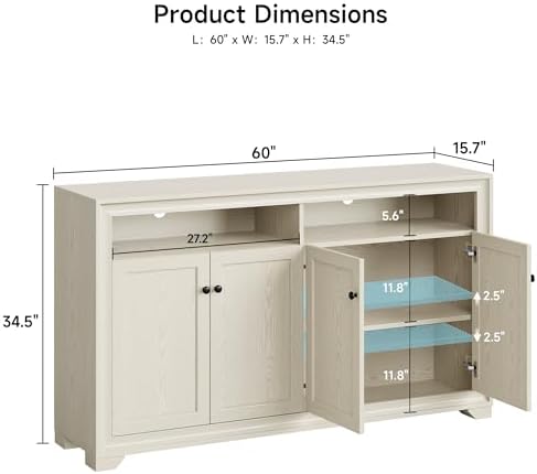 ONBRILL 60 Inches Sideboard Buffet Cabinet with Storage and 4 Doors, White - Image 2