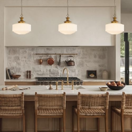 Vintage Brass Milk Glass Pendant Light Fixture, 13.8" White Pleated Glass Chandelier, Antique Pendant Lights, for Kitchen Island Lighting, Hallway, Bedroom, Dining Room, Foyer, E26 Bulb Included - Image 6