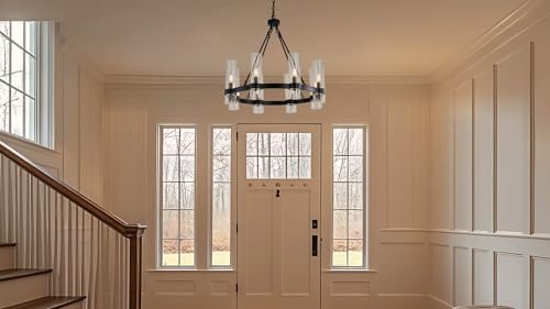 26 Inch Black Wagon Wheel Chandelier with Glass Shade, 8 Lights, Modern Farmhouse Style, Ideal for Dining Room, Kitchen, Entryways - Image 6