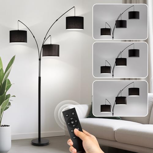 Floor lamp with Remote, 3 Light Arc Floor Lamps for Living Room, 2400LM Tall Standing Floor Lamps with Black Shades, 80" Large Floor Lamp for Bedroom, Office by Fansdrick