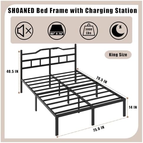 SHOANED Metal Bed Frame with Charging Station - 14 Inch King Size Heavy Duty Bedframe with Headboard Black Basic Steel Slats Platform No Box Spring Needed/Noise Free - Image 2