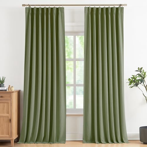 Vision Home Dark Green Pinch Pleated Full Blackout Curtains Linen Blended Room Darkening Curtain Panels 120 inch for Living Room Bedroom Thermal Insulated Pinch Pleat Drapes with Hooks 40" Wx120 Lx2 by VisionHome