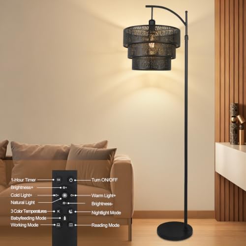 AHDWDW Arc Floor Lamp for Living Room Bedroom,Mid-Century Modern Floor Lamps with Remote,Black Dimmable Standing Tall Lamp for Corner Office,3-Tier Drum Metal Lampshade with Forest Tree Design - Image 6