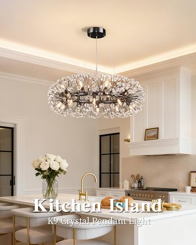 Modern Firework Chandelier, Farmhouse Black Crystal Round Dandelion Sputnik Chandeliers, 31.5" Contemporary 20-Light Pendant Hanging Lighting for Dining Room Kitchen Bedroom Living Room - Image 2