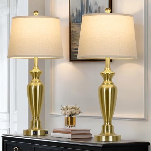 Cinyirong 30" Tall Gold Table Lamps Set of 2, Touch Control Bedside Lamp with USB A+C Ports and AC Outlet, 3-Way Dimmable Modern Metal Nightstand Lamp for Bedroom Living Room, 2 LED Bulbs Included by Cinyirong