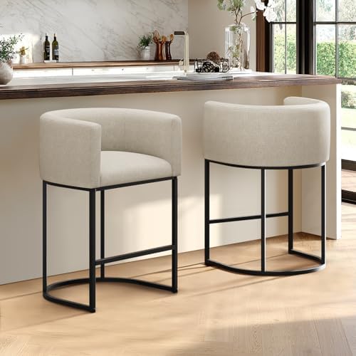 Counter Height Bar Stools, 24 Inch Seat Height Barstools for Dining Room, Fabric Upholstered Bar Chair for Kitchen Island, Linen Counter Stools with Metal Legs, Beige - Image 2