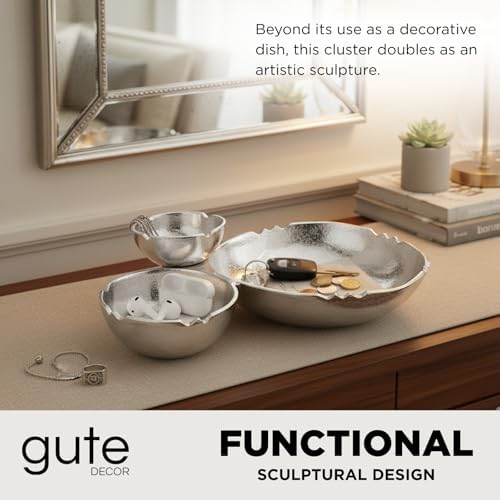 3-Compartment Silver Aluminum Chip and Dip Serving Bowl | 14.6” Large Clustered Snack Tray & Nut Dish for Parties | Decorative Textured Metal Candy Server Centerpiece for Home Table Decor, Home Gifts - Image 3