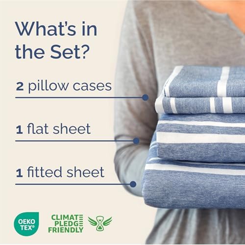 Full Size 4 Piece Sheet Set - Breathable & Cooling Sheets - Blue Stripes - Image 2