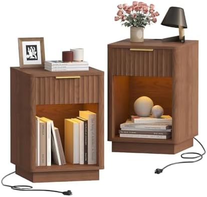 Akxomel Fluted Nightstand Set 2 Bedside Table with Charging Station Walnut by Akxomel