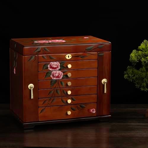 Hand-Painted Solid Wood Jewelry Box for Women, Large Vintage Organizer - Image 5
