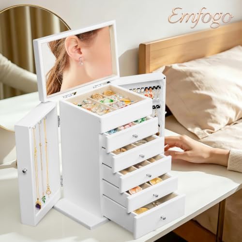 Emfogo Wooden Jewelry Box for Women, 6-Tier Large Jewelry Organizer Boxes with Mirror Rustic Solid Wood jewlery Storage for Rings Earrings Necklaces Bracelets watches(White) - Image 4