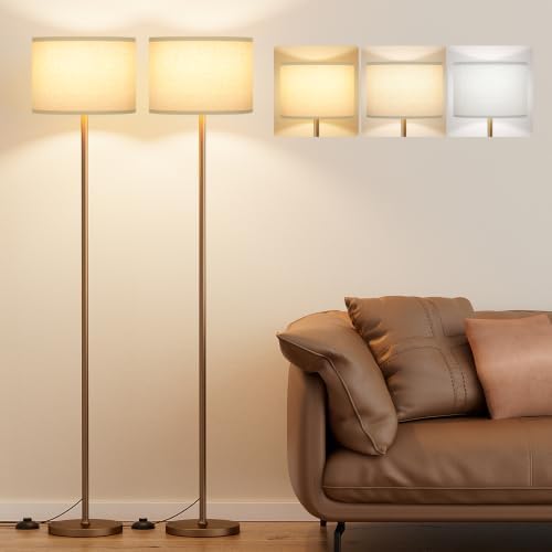 Ambimall 60'' Modern Floor Lamp Set of 2, 2PK Tall Lamps for Living Room Bedroom, Beige Shade with Brown Pole(Without Bulb) - Image 7