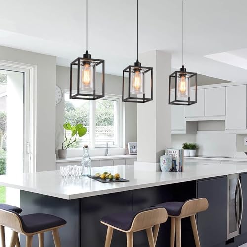 3 Pack Black Pendant Lights for Kitchen Island Industrial Lantern Pendant Light Fixtures with Clear Glass Shade, Farmhouse Adjustable Height Hanging Pendant Lighting for Dining Room - Image 6