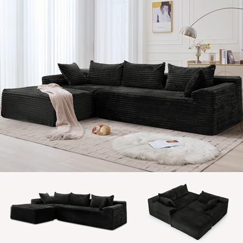 Korser 110" Boneless Modular Sectional Sofa with Chaise, L-Shaped Comfy Corduroy Fluffy Couch with Deep Seat and Side Pockets, Flexible Module Combination for Living Room, No Assembly, Side Pockets by KORSER