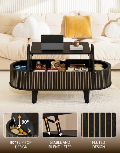 Oval Lift Top Coffee Table with Storage, Fluted 47" Wood Mid Century Modern Coffee Table for Living Room, Black - Image 4