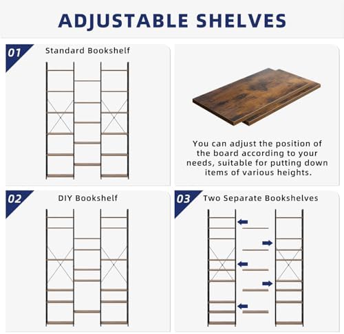 NUMENN Triple Column 6 Tier Bookshelf with 17 Adjustable Shelves, Vintage - Image 6