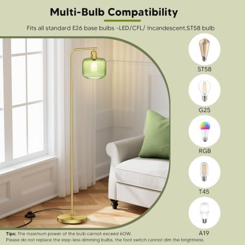 66" Gold Floor Lamp,Standing Lamp with Green Ribbed Glass for Living Room - Image 4