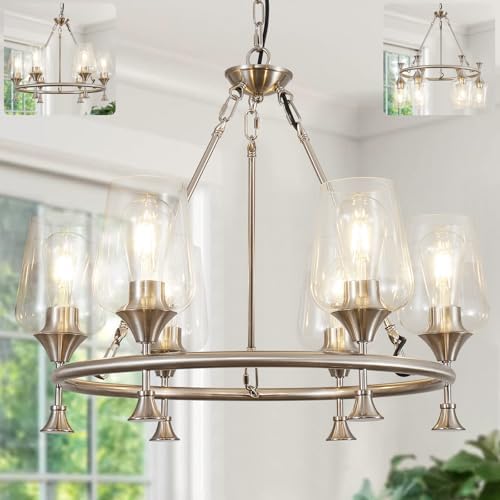 25" Modern Chandelier for Dining Room, No Assembly Required 6-Light Brushed Nickel Dining Room Light Fixture Over Table, Industrial Hanging Pendant Lights Fixture for Kitchen Island Foyer Entryway by YUEXCDSHOME