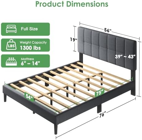 Marsail Full Size Bed Frame with Headboard - Upholstered, Adjustable,6"-12" Mattress Fit, 1300 lbs Capacity, Sturdy 12-Leg Wood Construction, Easy Assembly, Dark Gray - Image 2