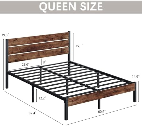 Fluest Queen Bed with Headboard and Footboard, with Under Bed Storage, All-Metal Support System, No Box Spring Needed, Easy Assembly,Retro Brown - Image 2