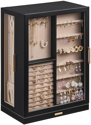 Glimmloop 360° Rotating Jewelry Box with 9 Drawers, Spacious Vertical Jewelry Organizer with Glass Window, Jewelry Storage Case, Dustproof & Moisture-resistant Design, Black by Glimmloop