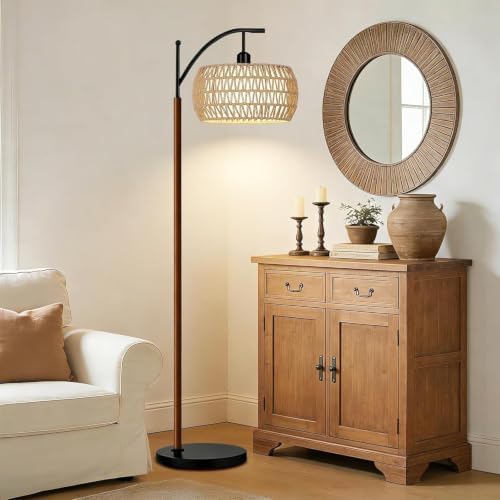 ILLMTW Boho Floor Lamp for Living Room,Bedroom,Rattan Standing Lamp with Remote Dimmable,Wood Vintage Mid Century Modern Tall Lamp Wicker Lamp Shade Floor Lights Bohemian Tiffany Style - Image 6