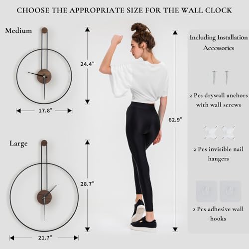 DRELIFAM Modern Wall Clock Large Wall Clocks with Walnut Dial Silent Non-Ticking for Living Room Home Decor Bedroom Kitchen Office 17.8''× 24.4'' (Black, Medium) - Image 6