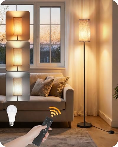 64.2” Dimmable Floor Lamp for Living Room with Remote and Foot Switch, Corner Floor Lamp for Bedroom, Includes 10W A19 Bulb, Modern Standing Tall Lamp, ETL Listed Beige and Black E17LD05 by GOEBLESON